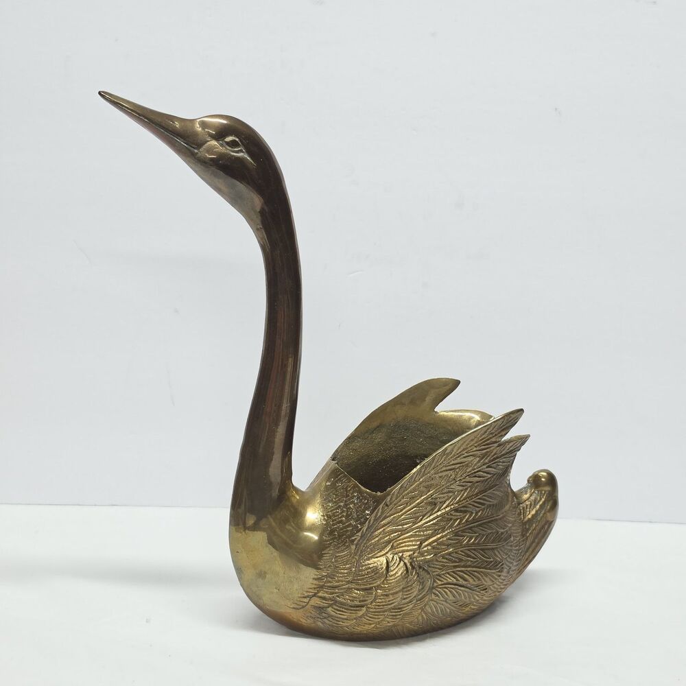 Vintage Cast Brass Swan Planter Mid-Century MCM 12 Inches Tall Made In Korea